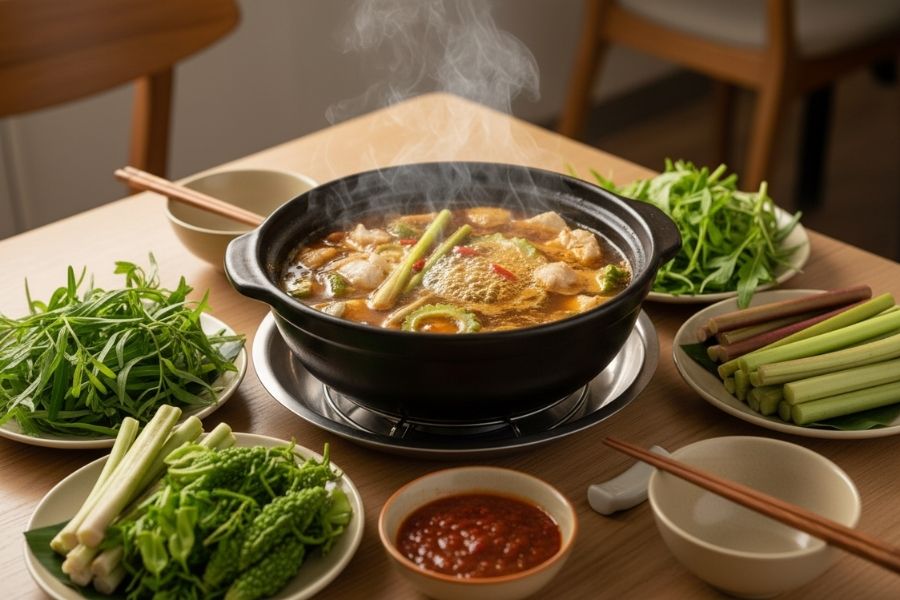 Nồi lẩu mắm miền Tây với các loại rau sông nước.