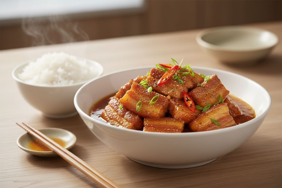 Nồi thịt kho tàu (kho hột vịt) nước dừa đỏ au.