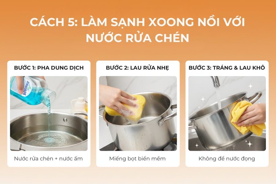 Nước rửa chén là phương pháp phổ biến để làm sạch xoong nồi.