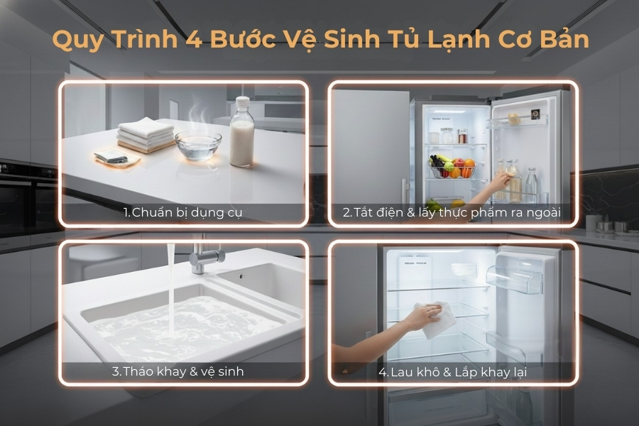 Quy trình 4 bước vệ sinh cơ bản trước khi khử mùi tủ lạnh.