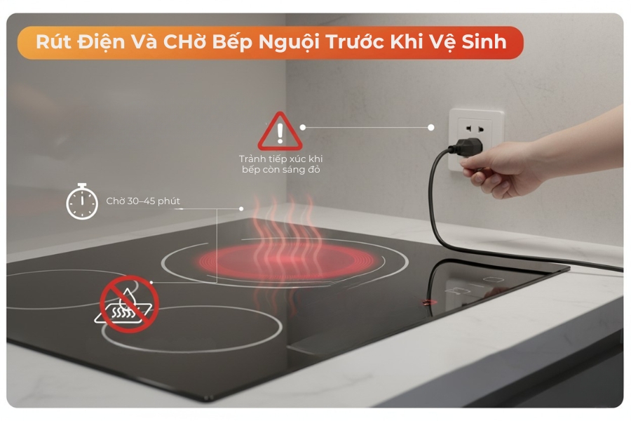 Rút điện và chờ bếp nguội hoàn toàn trước khi vệ sinh tránh nứt mặt kính.