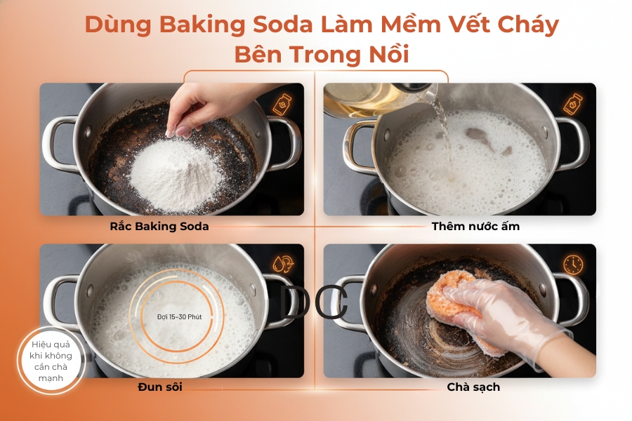 Sử dụng baking soda làm mềm vết cháy bên trong nồi.
