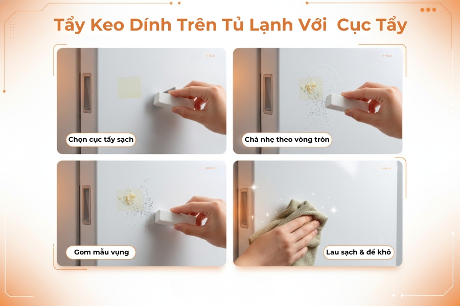 Sử dụng cục tẩy chà nhẹ lên vết keo giúp vết keo cuộn ra khỏi về mặt tủ.
