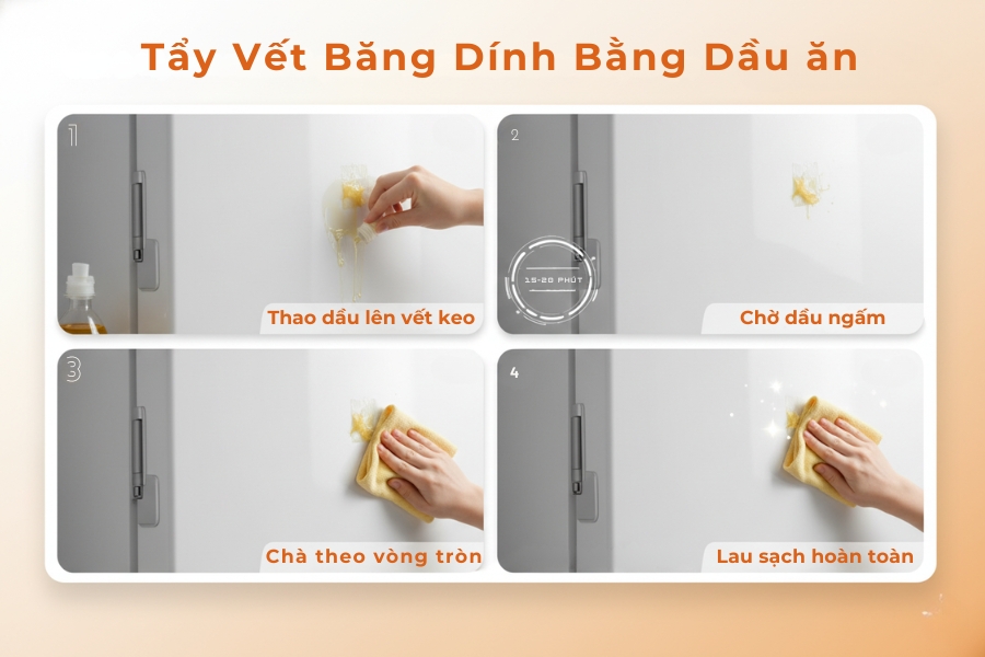 Sử dụng dầu ăn làm mất lớp keo dính bám trên tủ lạnh.