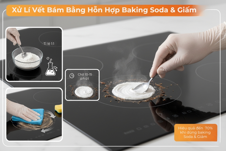 Sử dụng hỗn hợp baking soda và giấm cho các vết bẩn cứng đầu.