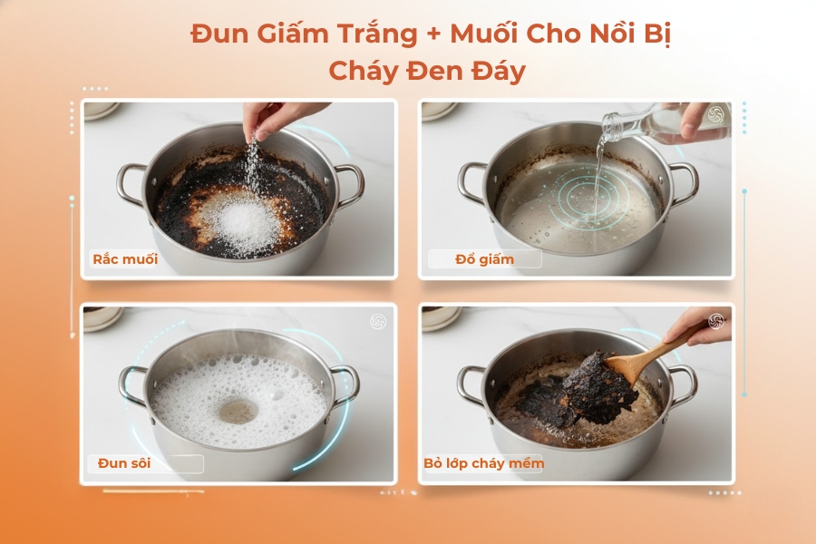 Sử dụng hỗn hợp giấm trắng và muối cho nồi bị vết cháy đen.