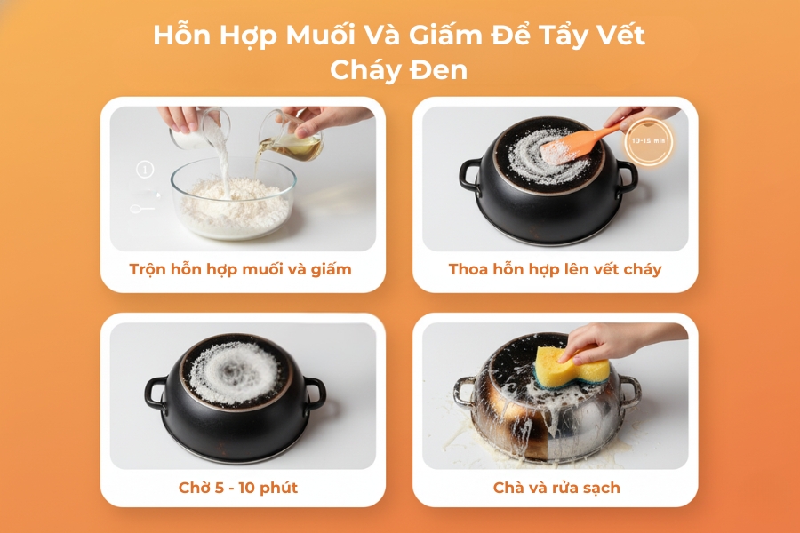 Sử dụng hỗn hợp muối và giấm để tẩy vết cháy đen.
