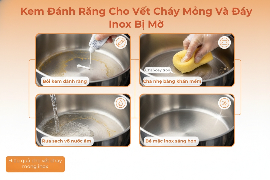 Sử dụng kem đánh răng cho vết cháy mỏng, ố vàng và đáy inox bị mờ.