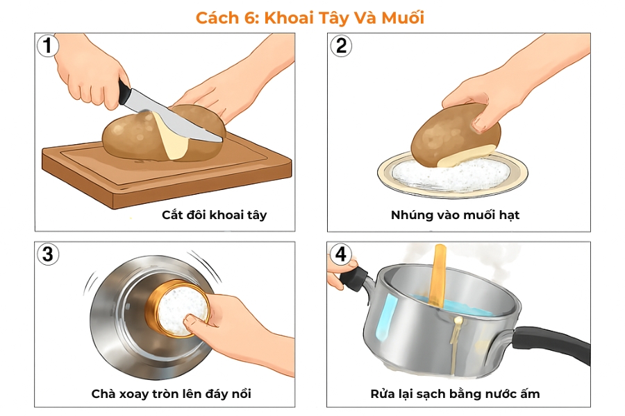 Sử dụng khoai tây và muối chà xát lên đáy nồi bị mòn nhẹ,