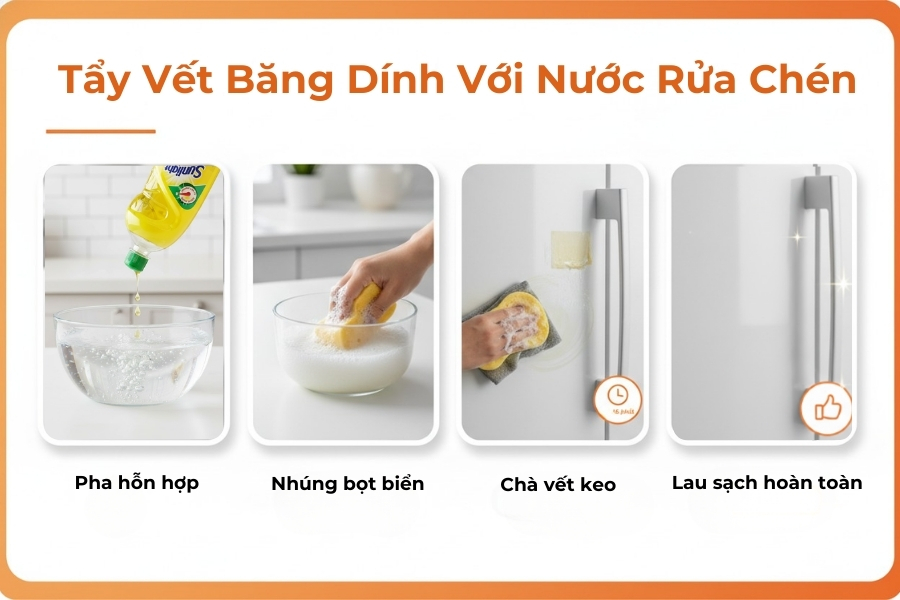 Sử dụng nước rửa chén làm mềm và loại đó được vết keo dính trên tủ lạnh.