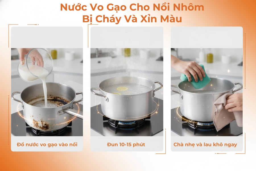 Sử dụng nước vo gạo cho nồi nhôm bị cháy và xỉn màu.