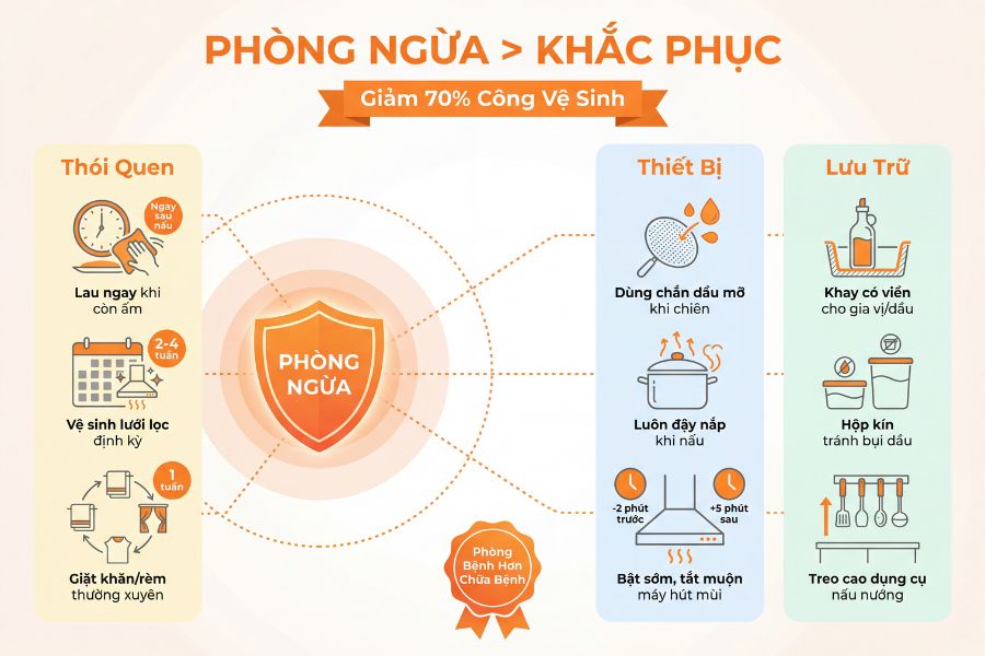 Sử dụng tấm chắn khi chiên rán và lau bếp ngay khi còn ấm là những thói quen nhỏ giúp bạn tiết kiệm hàng giờ đồng hồ dọn dẹp mỗi cuối tuần.
