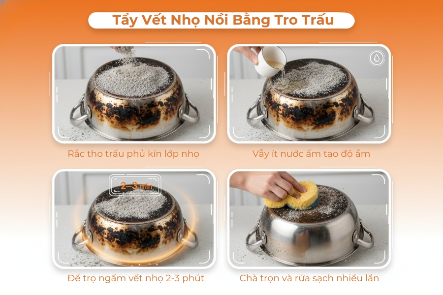 Sử dụng tro được tạo ra từ trấu để tẩy vết nhọ nồi.