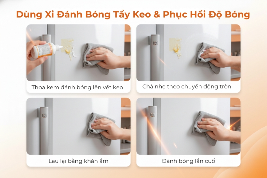 Sử dụng xi đánh móng để tẩy keo và tăng độ bóng cho bề mặt tủ lạnh.
