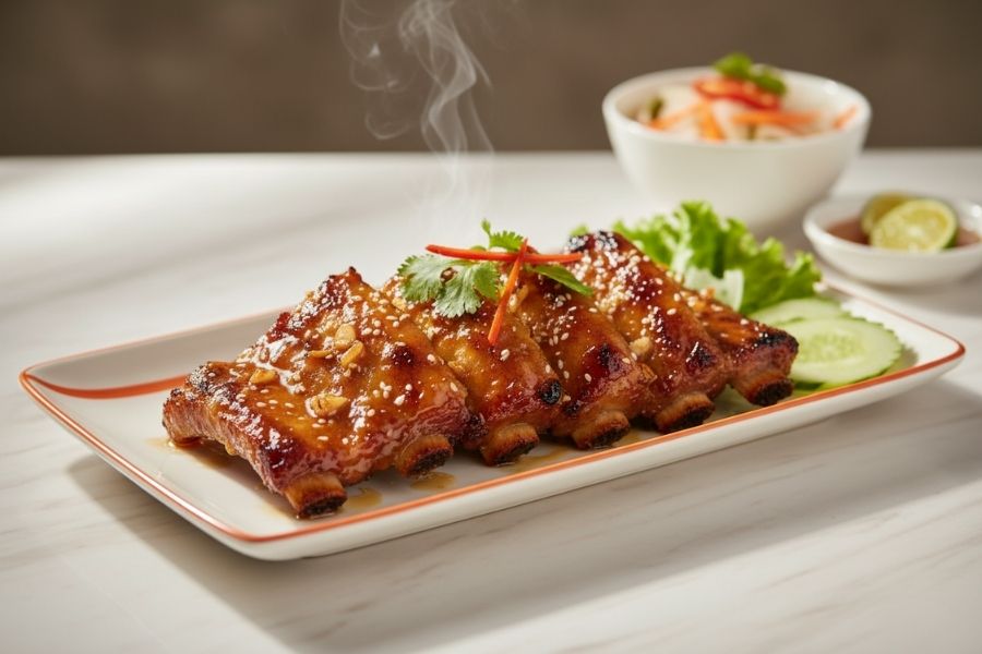 Sườn nướng mật ong bóng loáng, thơm phức.