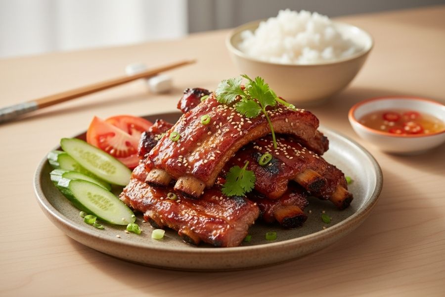 Sườn nướng tảng sốt BBQ đậm đà.