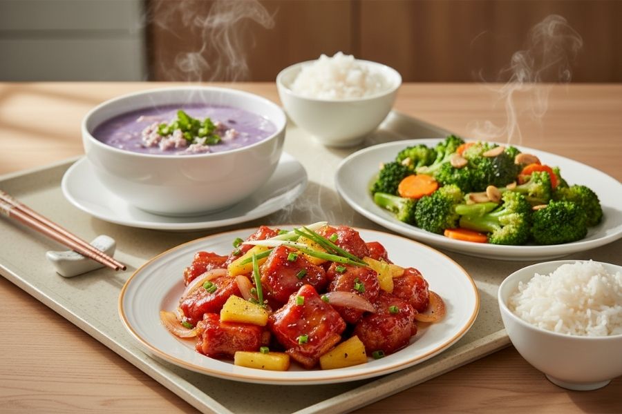 Sườn xào chua ngọt - Bông cải xào - Canh khoai mỡ.