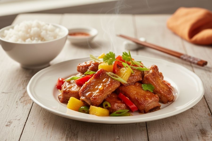 Sườn xào chua ngọt đậm đà, bóng mượt hấp dẫn.