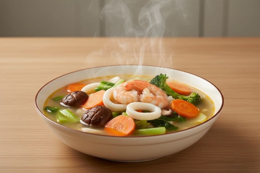 Súp hải sản rau củ nhẹ bụng.