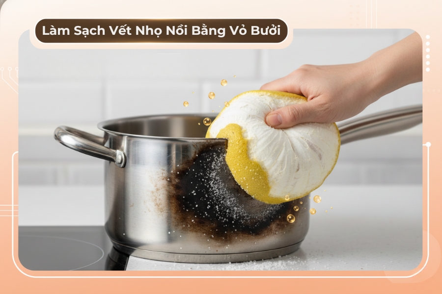 Tái sử dụng vỏ bưởi để vệ sinh vết nhọ nồi.