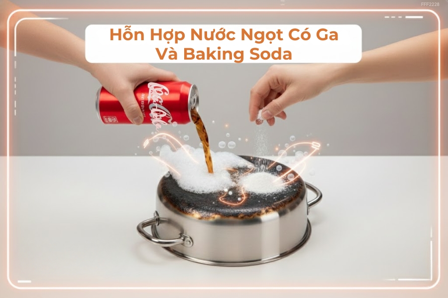 Tẩy vết nhọ nồi cứng đầu bằng hỗn hợp nước có ga và baking soda.