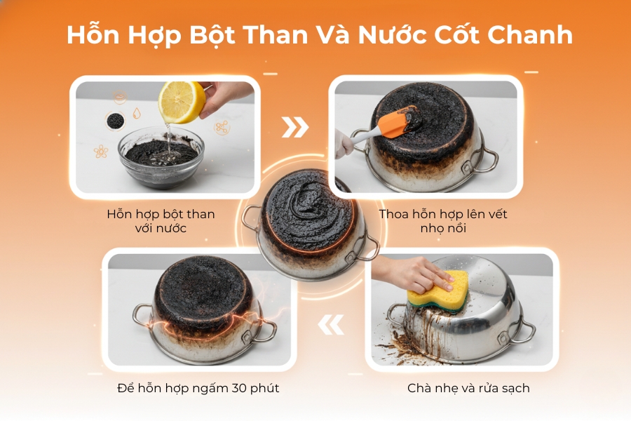 Tẩy vết nhọ nồi với hỗn hợp bột than và nước cốt chanh.