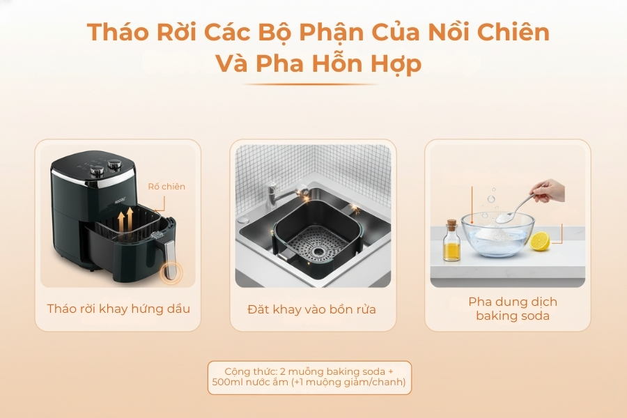 Tháo rời các bộ phận của nồi chiên và pha hỗn hợp baking soda.