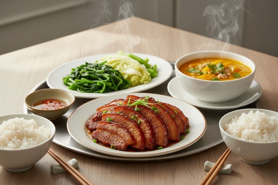 Thịt ba chỉ ram - Rau luộc - Canh bí đỏ.