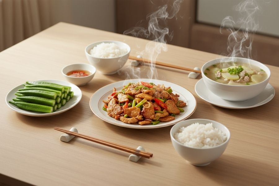 Thịt heo xào sả ớt - Đậu bắp luộc - Canh bầu.