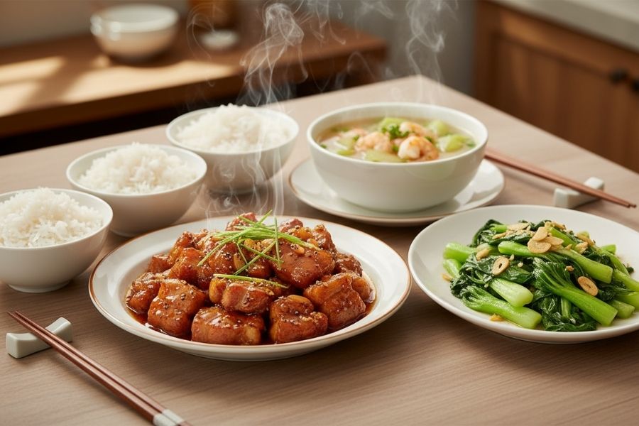 Thịt kho tiêu - Cải chíp xào - Canh bí tôm.