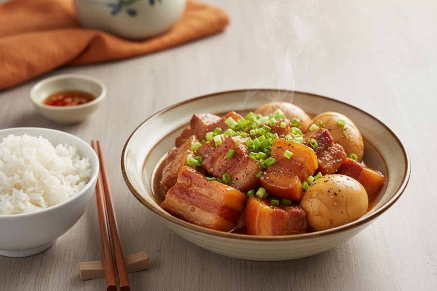 Thịt kho trứng cút thấm vị, màu cánh gián đẹp mắt.