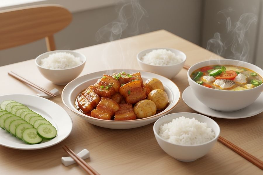 Thịt kho trứng - Dưa leo - Canh chua cá.