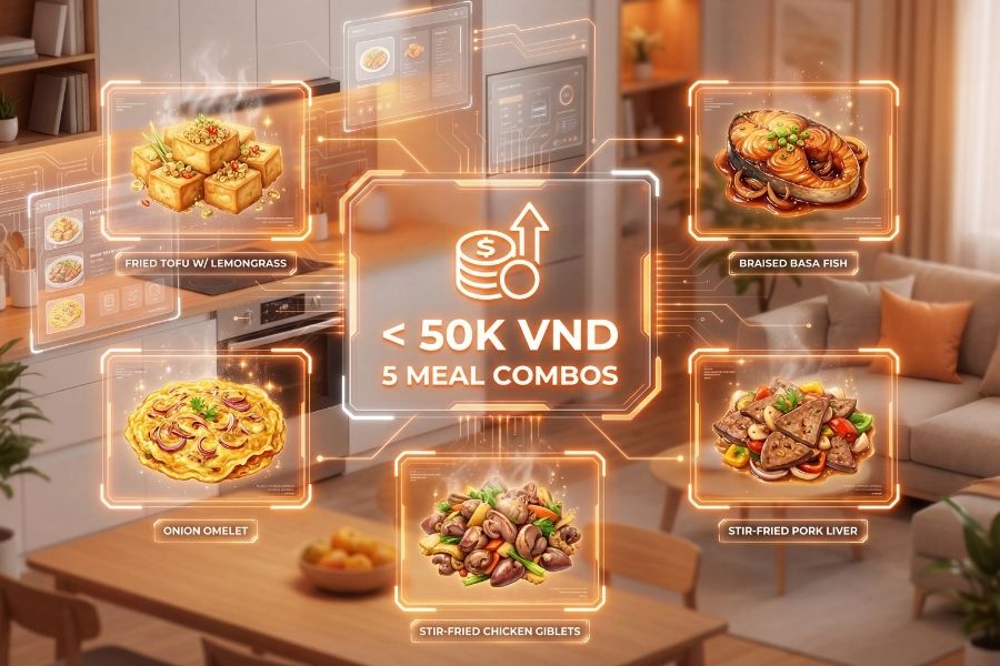 Thực đơn tiết kiệm dưới 50.000đ nhưng vẫn đảm bảo đủ chất dinh dưỡng.