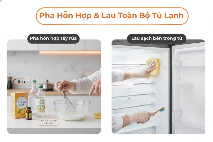 Tiến hành pha hỗn hợp dung dịch và vệ sinh toàn bộ bên trong tủ lạnh.