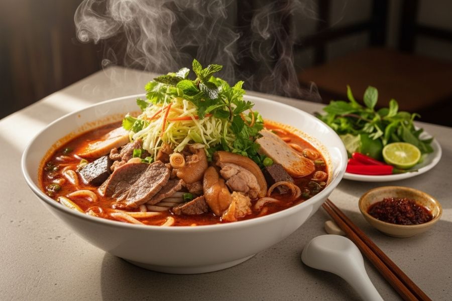 Tô bún bò Huế đậm đà, chân giò heo to bự.