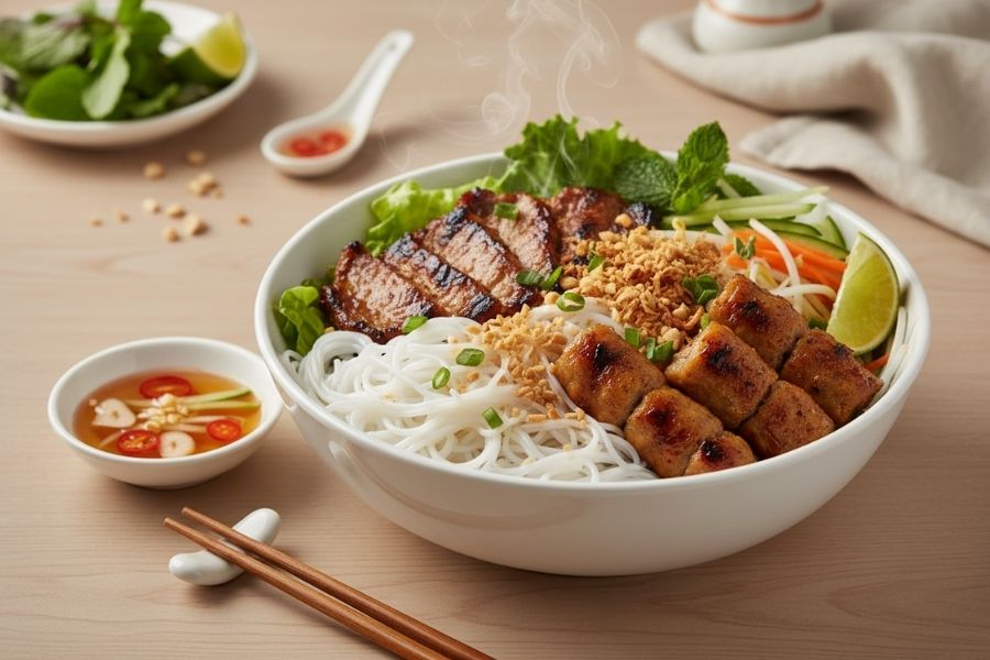 Tô bún thịt nướng đầy đủ rau sống và đậu phộng.