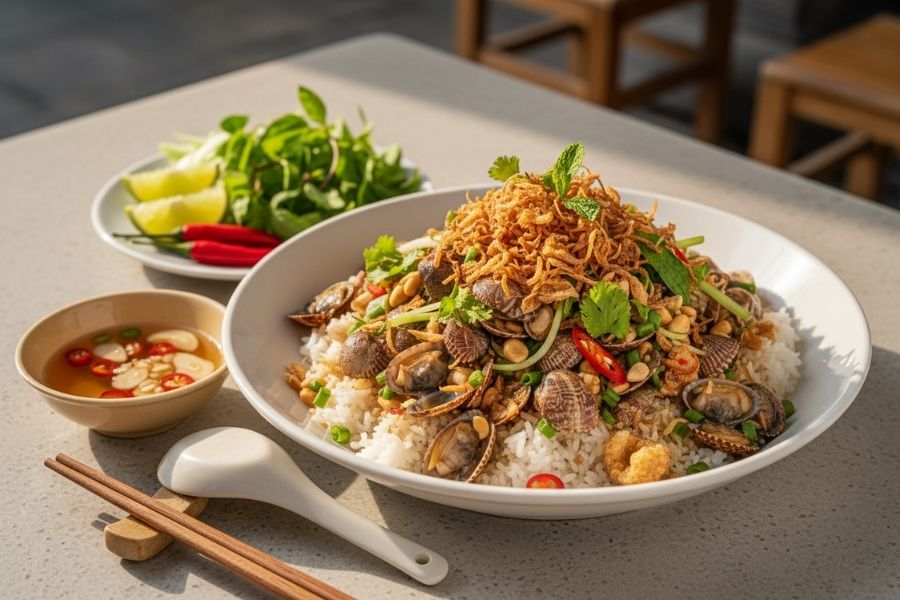 Tô cơm hến cay nồng đặc sản Huế.