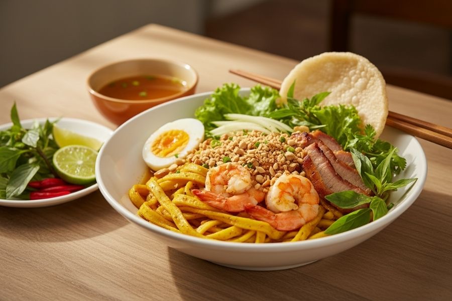 Tô mì Quảng tôm thịt, bánh đa nướng giòn.