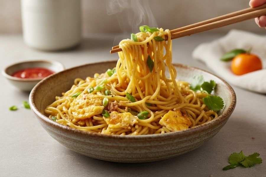 Tô mì trộn đầy đặn topping trứng và xúc xích.