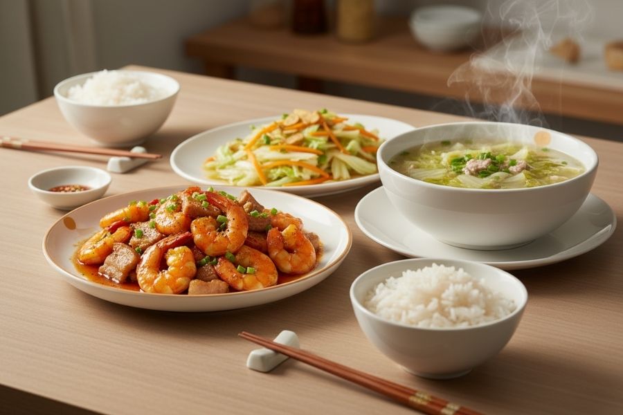 Tôm rim thịt - Bắp cải xào - Canh cải thảo.