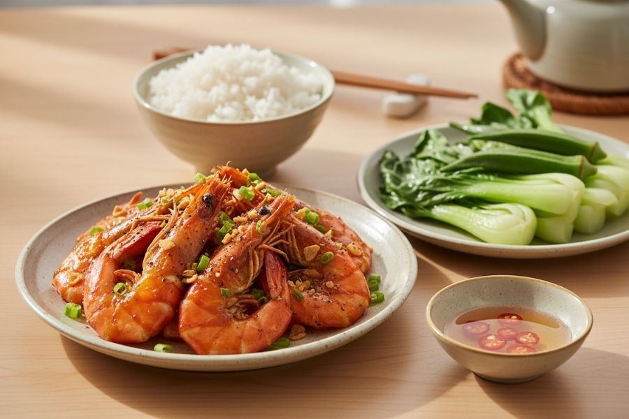 Tôm sú nướng muối ớt đỏ au hấp dẫn.