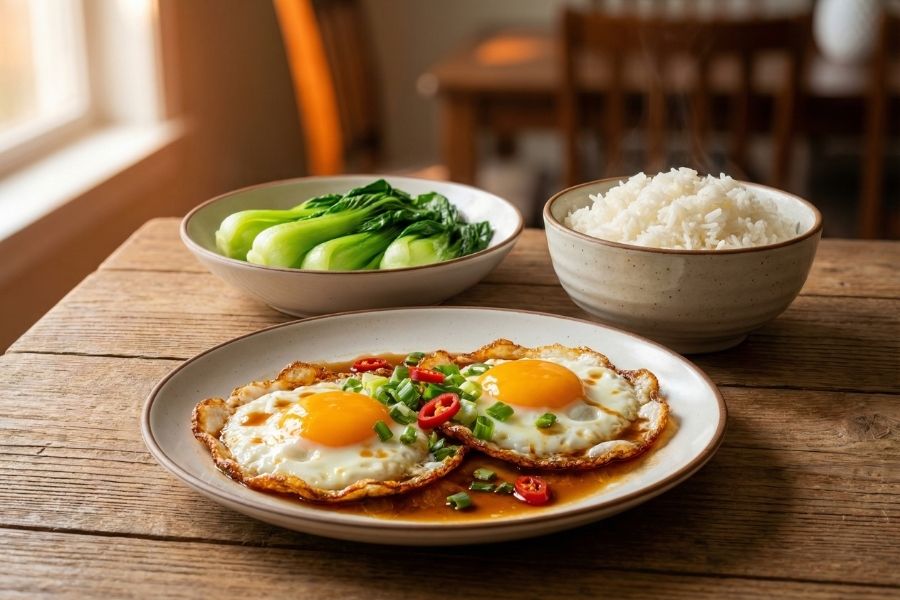 Trứng chiên nước mắm đậm đà ăn kèm cải luộc thanh mát.