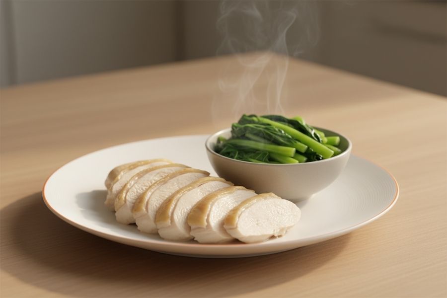 Ức gà luộc và rau xanh, thực đơn giảm cân chuẩn.