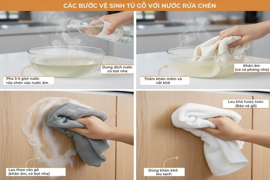 Vệ sinh tủ gỗ với nước rửa chén pha với nước ấm.