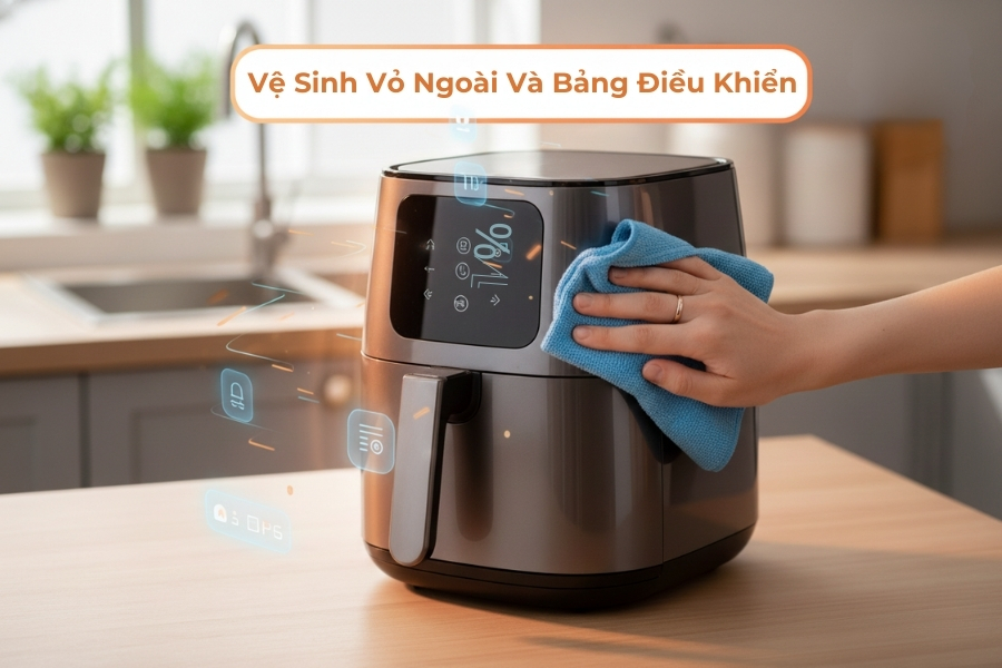 Vệ sinh vỏ ngoài và bản điều khiển của nồi chiên.