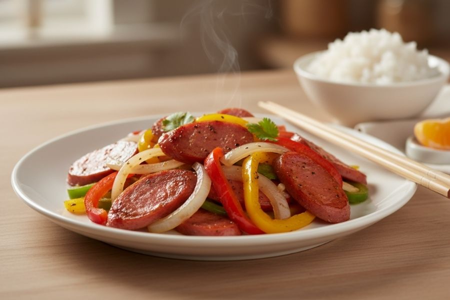 Xúc xích xào hành tây sốt cà chua.