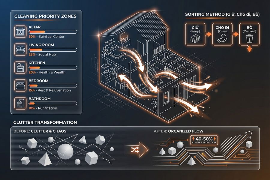 Dọn từ trong ra ngoài, trên xuống dưới, bỏ đồ cũ và ưu tiên những khu vực quan trọng.