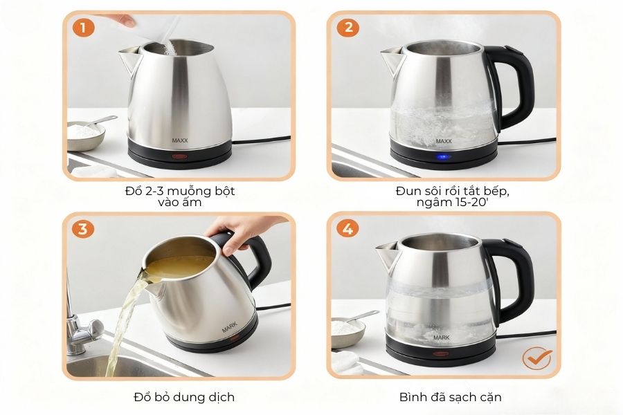 Dùng axit citric làm sạch.