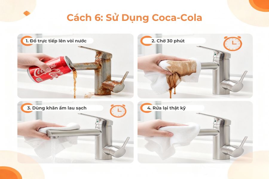 Dùng coca-cola tẩy cặn vòi inox.