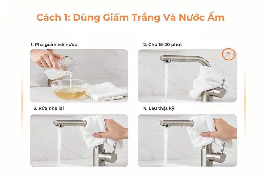 Dùng giấm trắng và nước ấm.